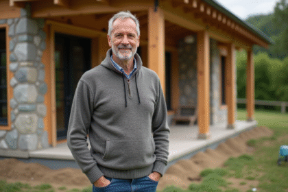 Architecte homme devant une maison écologique en construction