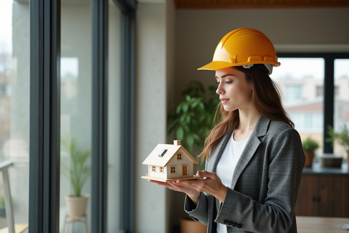 Jeune architecte examinant un modele de maison energie renouvelable
