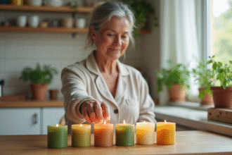 Femme méditant avec bougies colorées dans la cuisine chaleureuse