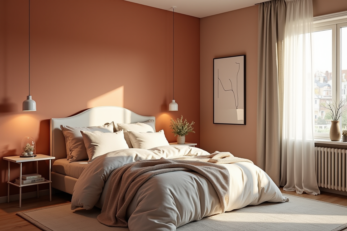 Chambre élégante avec murs terracotta et décoration scandinave