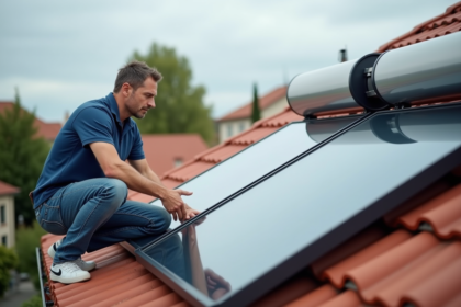 Homme examine un chauffe-eau solaire sur un toit résidentiel