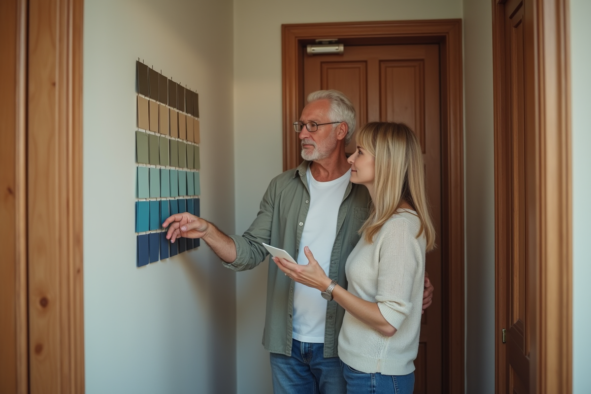 Couple discutant des échantillons de couleurs dans un couloir