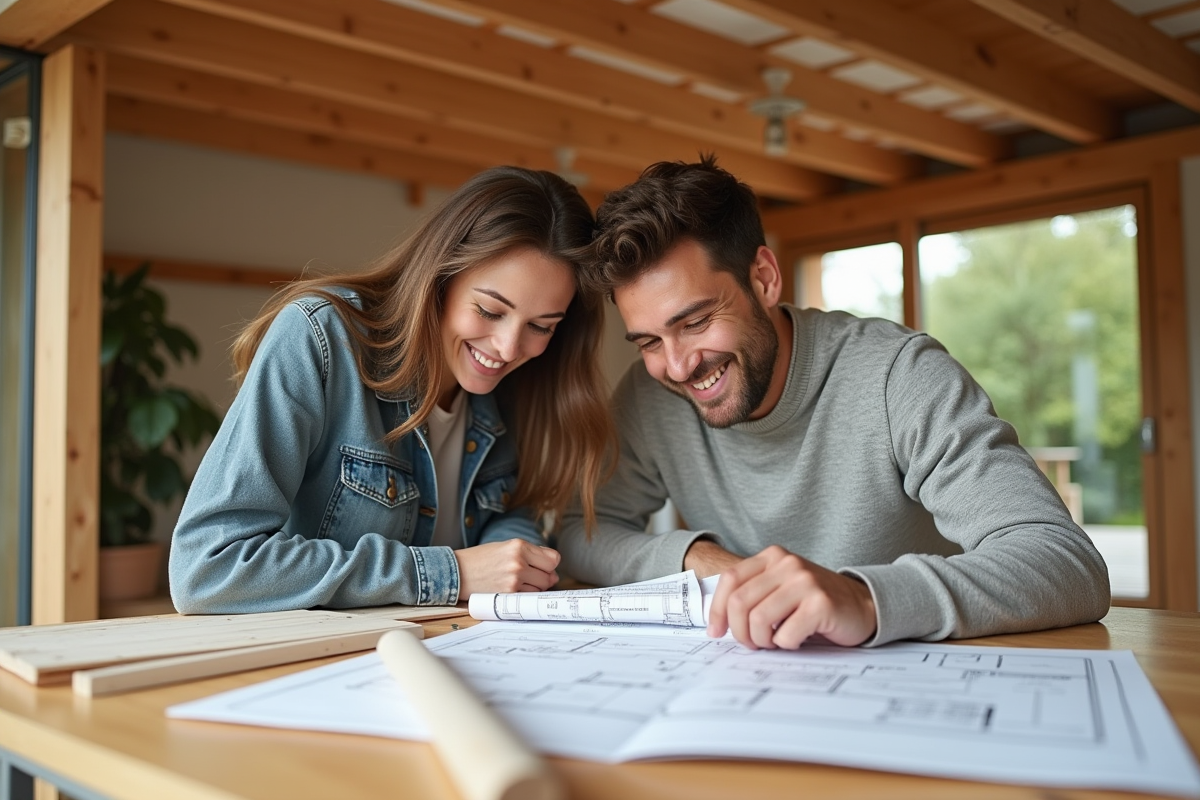Jeune couple examinant plans dans extension en bois lumineuse