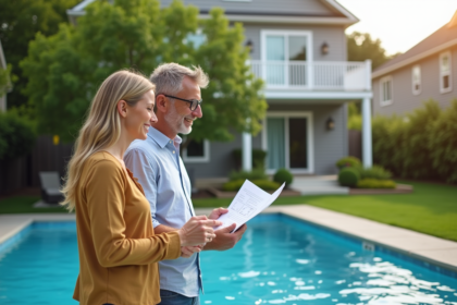 Couple adulte regardant des brochures de piscine dans leur jardin
