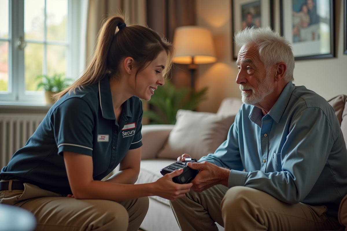 Technicien montre le panneau de sécurité à un client