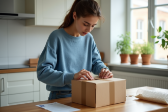 Jeune femme emballant un colis dans la cuisine