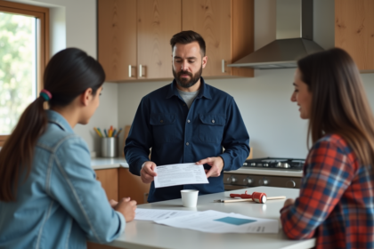 Entrepreneur en travaux expliquant un devis à un couple dans une cuisine rénovée