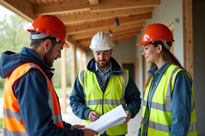 Groupe de professionnels de la construction sur un chantier écologique