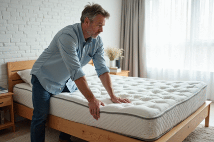 Homme pliant un grand matelas dans une chambre lumineuse