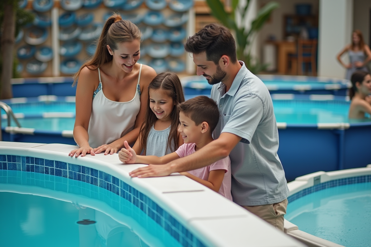 Famille avec enfants discutant avec un vendeur devant une piscine