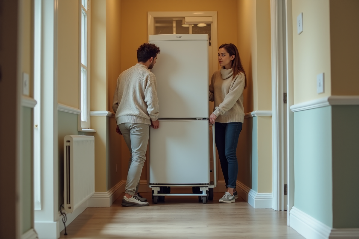 Femme aidant un adolescent à guider un réfrigérateur dans le couloir