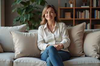 Femme assise sur un canapé moderne arrangeant des coussins