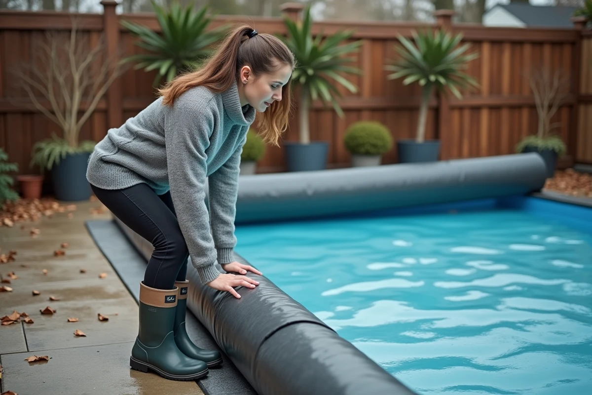 Jeune femme déployant une couverture de piscine en hiver