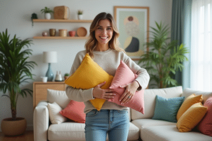 Femme souriante arrangeant coussins colorés dans un salon moderne