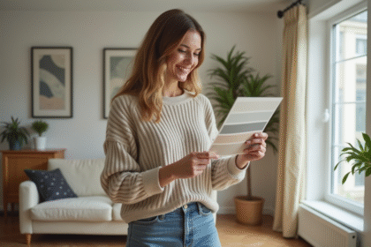 Femme souriante tenant un nuancier de couleurs dans un intérieur moderne