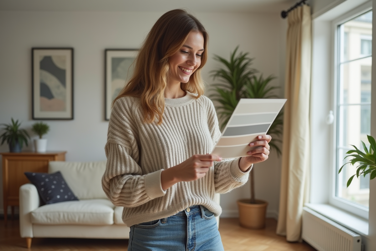 Femme souriante tenant un nuancier de couleurs dans un intérieur moderne