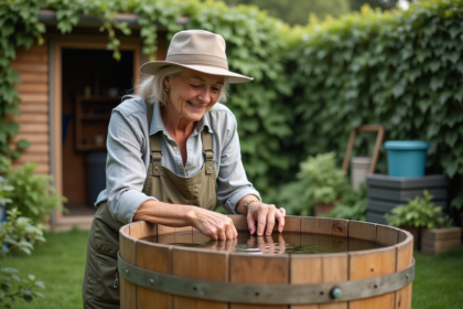 Femme examinant un baril d'eau de pluie écologique