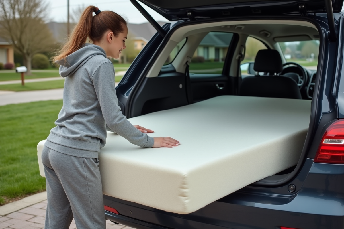 Femme poussant un matelas dans le coffre d