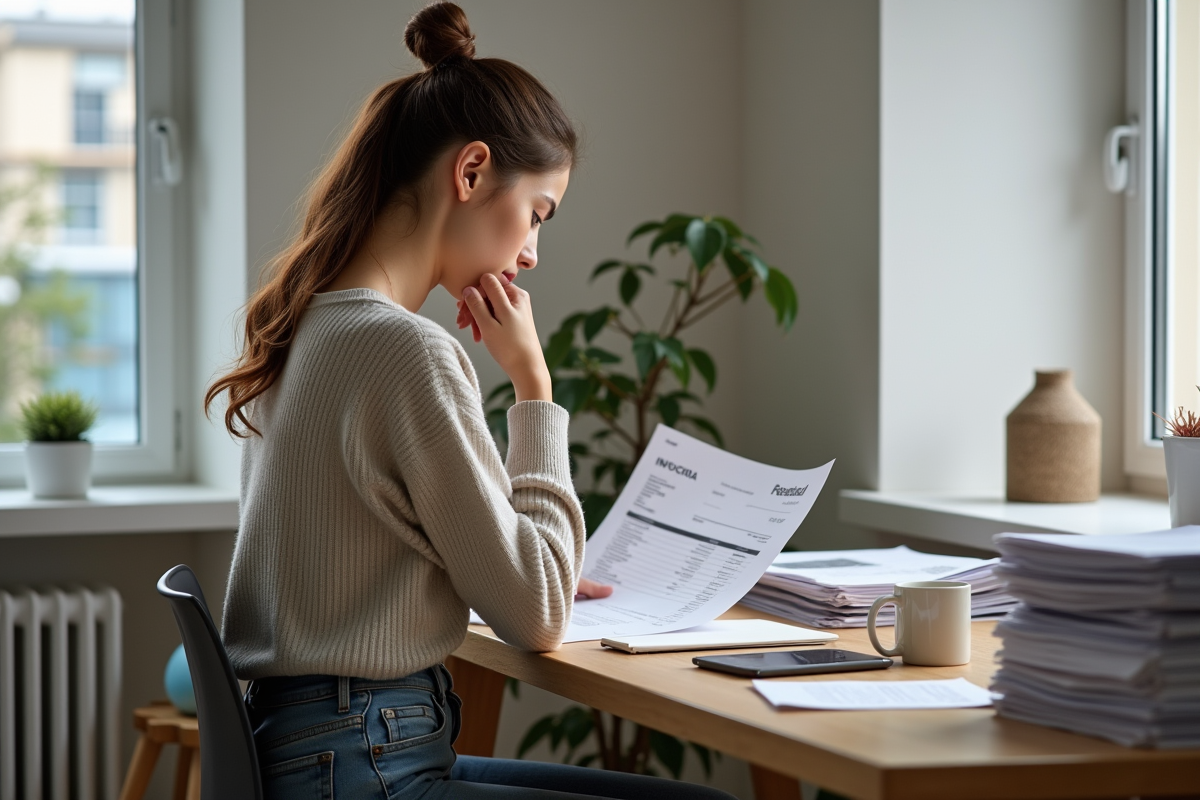 Jeune femme examinant une facture de renovation dans son bureau