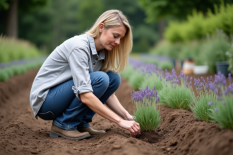 Femme en jardinage plantant de la lavande dans le sol
