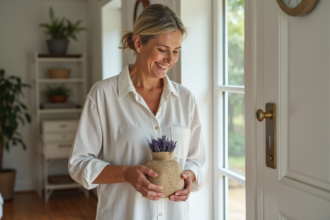 Femme souriante plaçant un sachet de lavande dans un tiroir lumineux