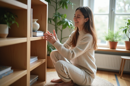 Femme arrangeant des livres dans un salon lumineux