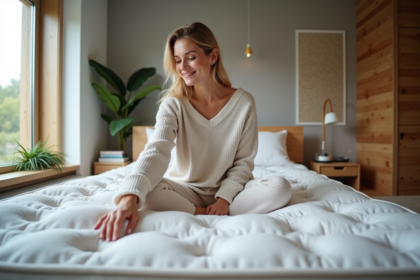 Femme souriante en loungewear touchant un matelas moderne
