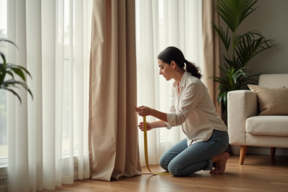Femme mesurant un rideau en lin beige dans un salon cosy