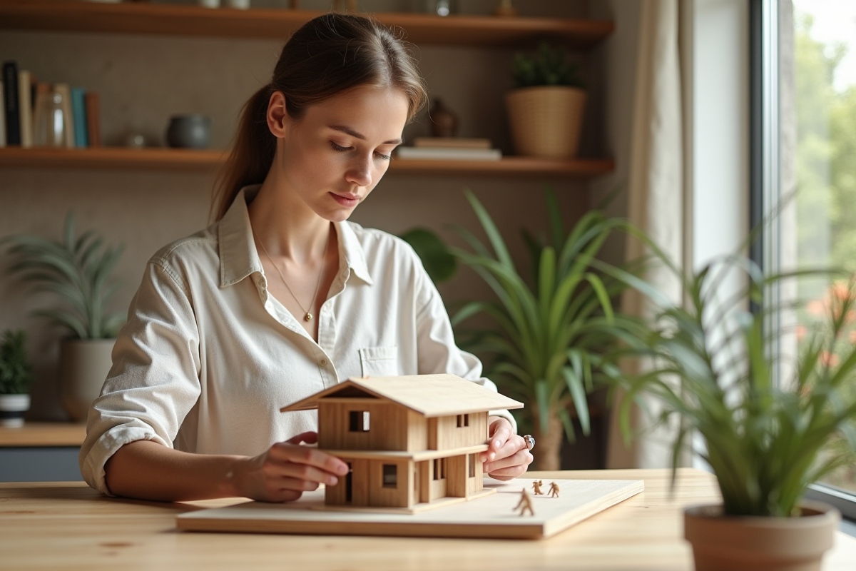 Jeune femme examinant un modèle de maison bioclimatique intérieur