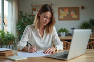 Femme d'affaires remplissant un formulaire de courrier à la maison