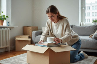 Femme organisée triant des livres dans un appartement