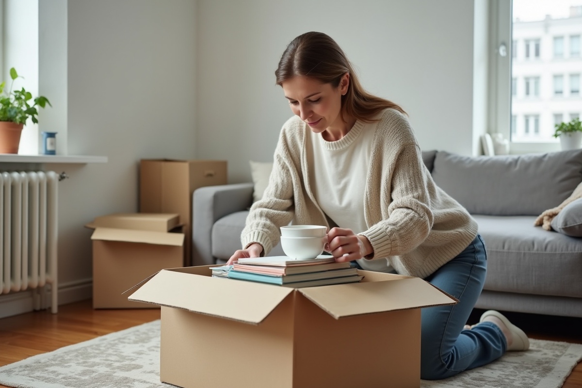 Femme organisée triant des livres dans un appartement