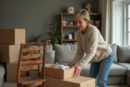 Femme organisée triant des meubles en salon cosy