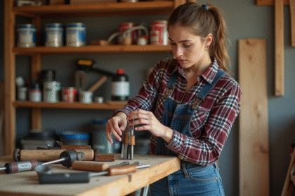 Jeune femme examine des outils dans un atelier lumineux