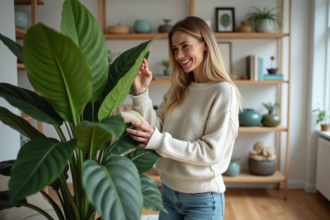 Femme dans son salon en train d'arroser une plante verte