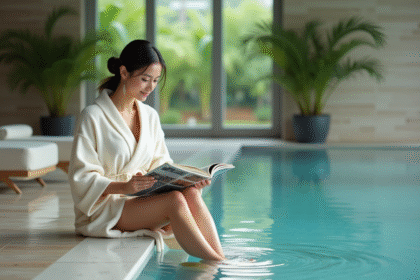 Femme en peignoir détendue au bord de la piscine intérieure