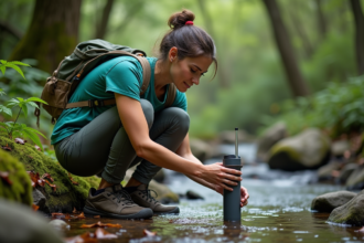 Femme en extérieur utilisant un filtre à eau portable