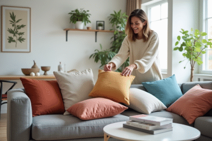 Femme souriante arrangeant des coussins colorés dans un salon lumineux
