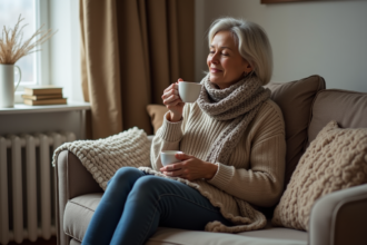 Femme d'âge moyen dans un salon cosy sirotant une tasse de thé
