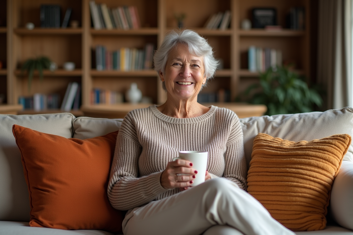 Femme souriante dans un salon cosy avec canapé et décor chaleureux