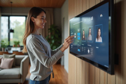 Femme souriante utilisant un écran tactile dans un salon moderne