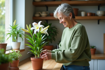 Femme taillant un lys dans la cuisine lumineuse