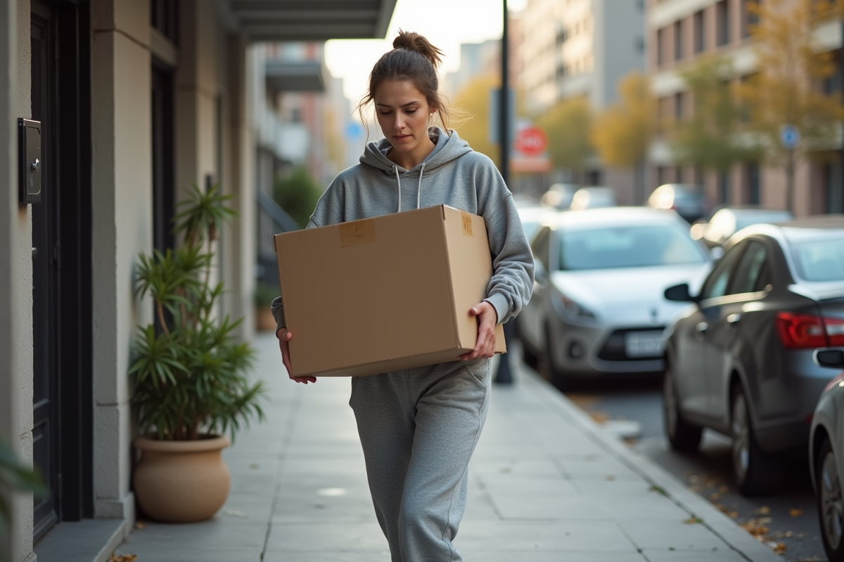 Jeune femme portant une boîte devant un appartement en ville
