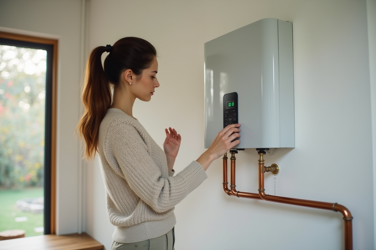Femme vérifie l affichage d un chauffe-eau solaire intérieur