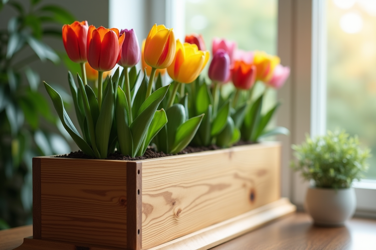 Fleurs saines dans un pot en bois avec tache d