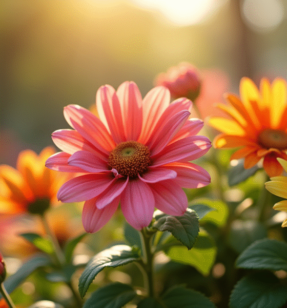 Arrangement floral en V dans un jardin ensoleille