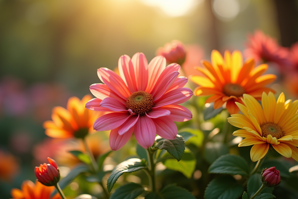 Arrangement floral en V dans un jardin ensoleille