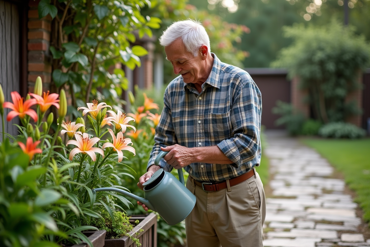 Homme âgé arrosant des lys dans le jardin