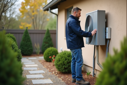 Homme vérifiant une pompe à chaleur extérieure dans un jardin