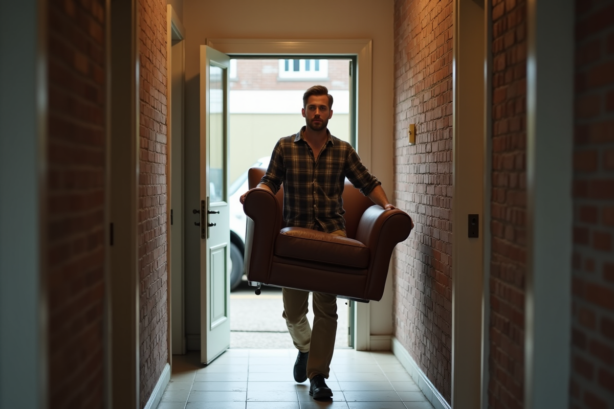 Jeune homme portant un fauteuil dans un couloir